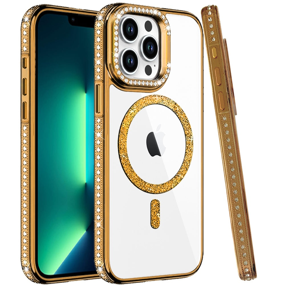Phone Case for Apple iPhone 13 Pro Max Luxury Diamond Bling Edged Magnetic Glitter Shockproof Hybrid with Camera Kickstand Durable Grip Cover