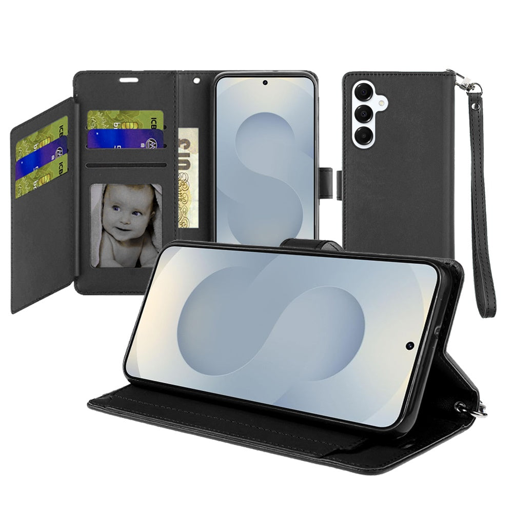 For Samsung Galaxy S26 Wallet Cases PU Leather with Credit Card /ID /Cash Holder Slot Dual Flip Book Pouch, Stand and Strap Case Cover Black