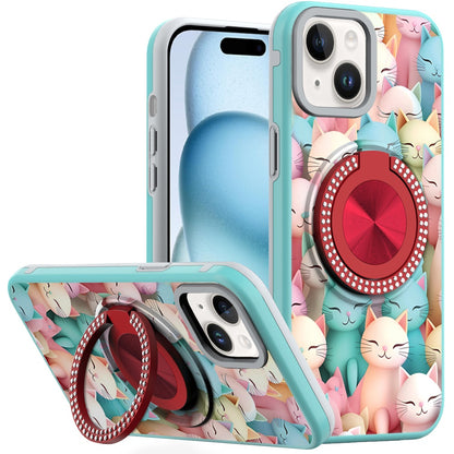 Phone Case for iPhone 15 Magnetic Ring Stand Matte Metal Hybrid Car Mount Friendly Shockproof Rotational Grip Diamond Design Pattern Cover