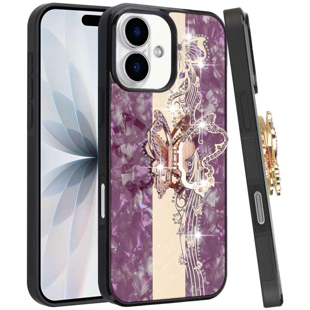 Diamond Glitter Butterfly Engraved Ring Stand Luxury Bling Hybrid Shockproof Chrome Edge Protective Durable Grip