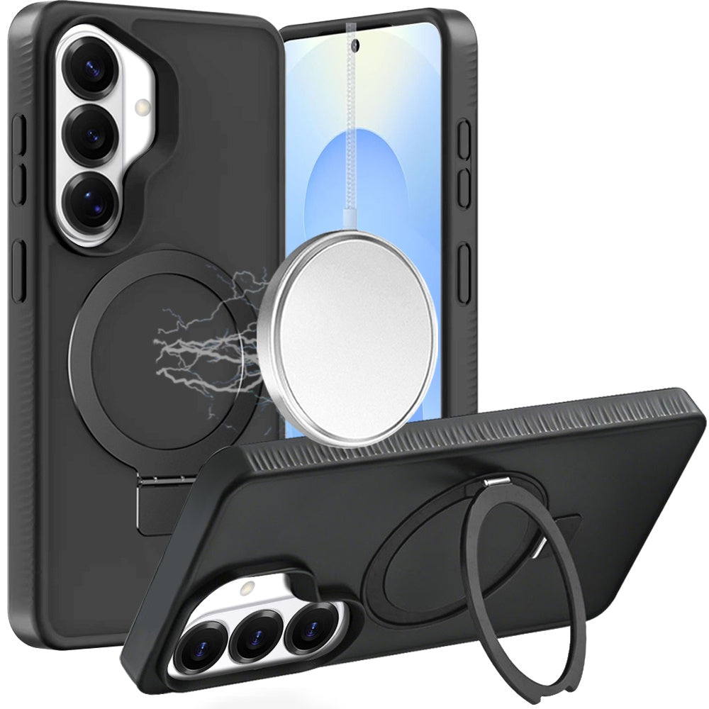 For Samsung Galaxy S26 Ultra Magnetic Circle Kickstand with MagSafe Compatibility, Matte Skin, Rugged Bumper, and Ring Holder Case Cover Black
