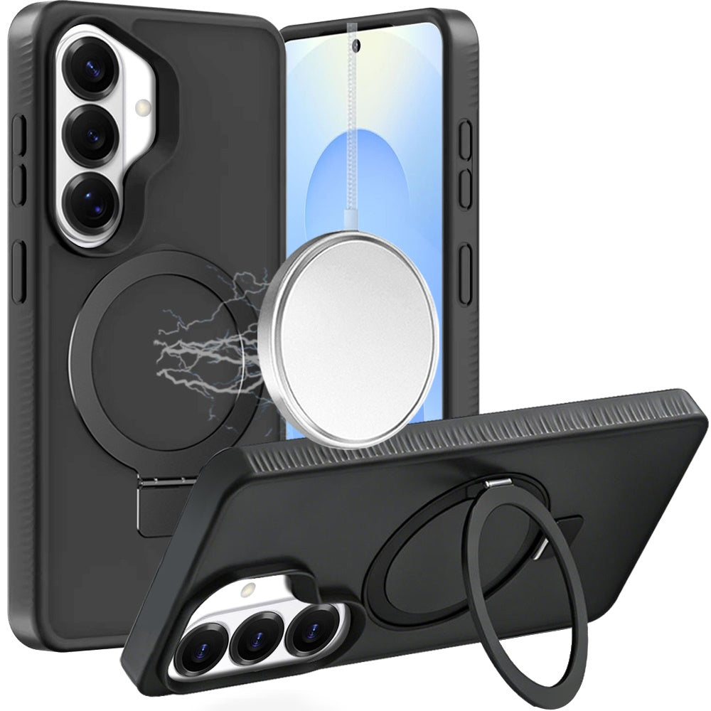 For Samsung Galaxy S23+ / S23 Plus Magnetic Circle Kickstand with MagSafe Compatibility, Matte Skin, Rugged Bumper, and Ring Holder Case Cover Black