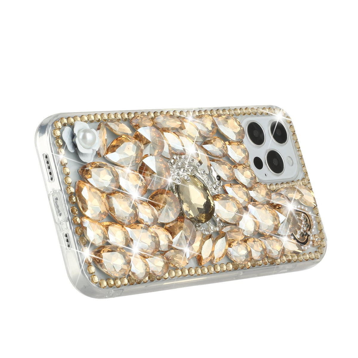 Phone Case for Apple iPhone 15 Pro Max Luxury Full Diamond Glitter 3D Floral Ornament Hybrid Shockproof Stylish Rhinestone Designer Protective Elegant Cover Gold