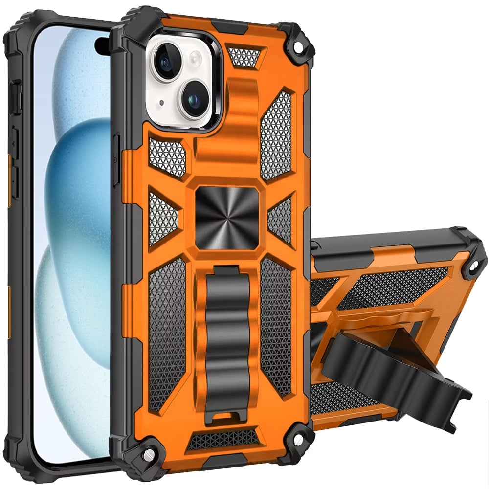 For iPhone 15 Plus (6.7") Hybrid Shockproof [Military Grade] Rugged Protective with Magnetic Car Mount & Invisible Stand Case Cover Cosmic Orange