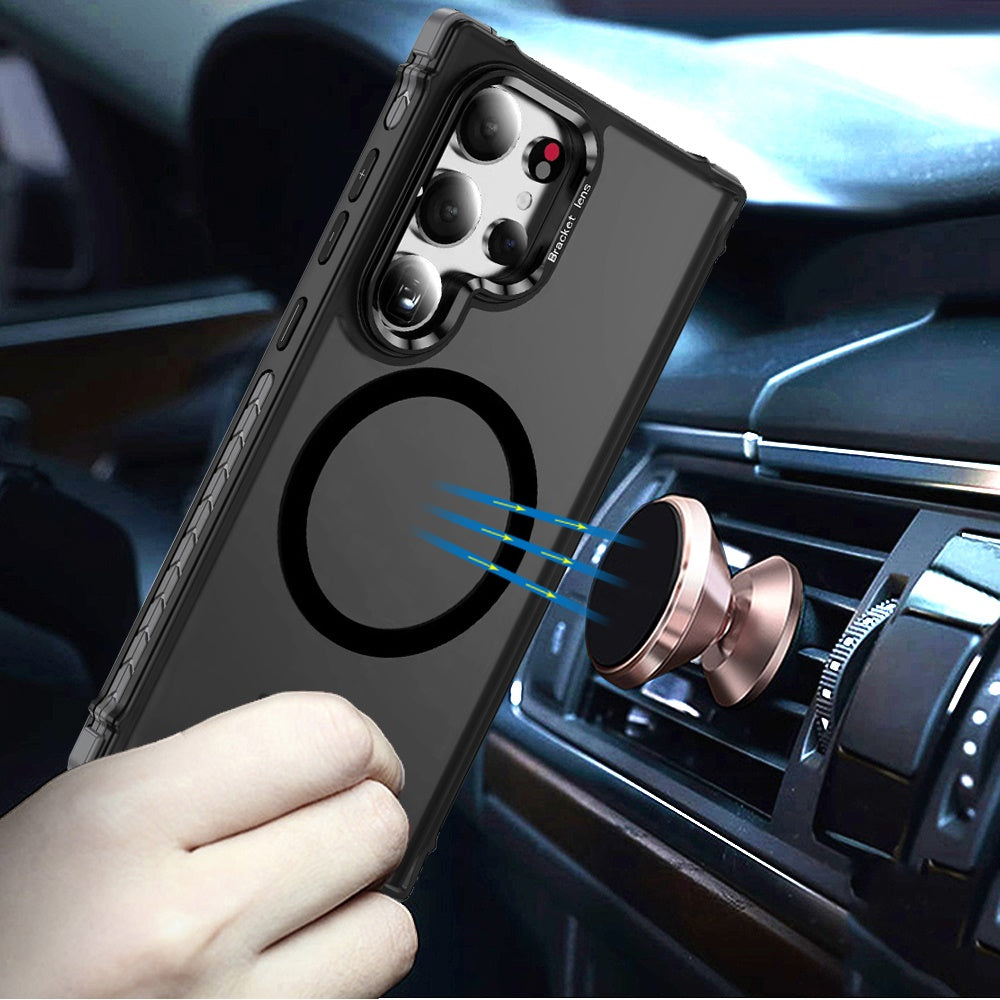 Phone Case for Samsung Galaxy S23 Ultra Shatterproof Style Metal Camera Stand Magnetic Circle Colorful Edge Bar Rugged Design Surround Accent Detail Cover Black