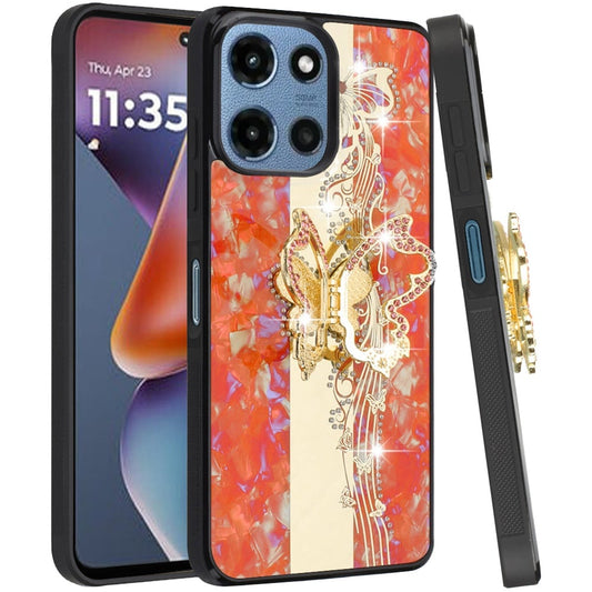 Phone Case for Motorola Moto G 5G 2026 / 2025 Diamond Glitter Butterfly Engraved Ring Stand Luxury Bling Hybrid Shockproof Chrome Edge Protective Durable Grip Cover Enchabted Butterfly Cosmic Orange