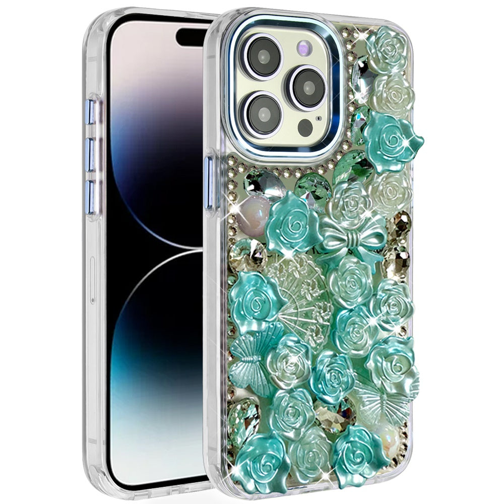 Phone Case for Apple iPhone 14 Pro Max 3D Flower Bling Rhinestone Glitter Cute Stylish Shockproof Protective Decorative Luxury Grip Stones Ornaments Cover