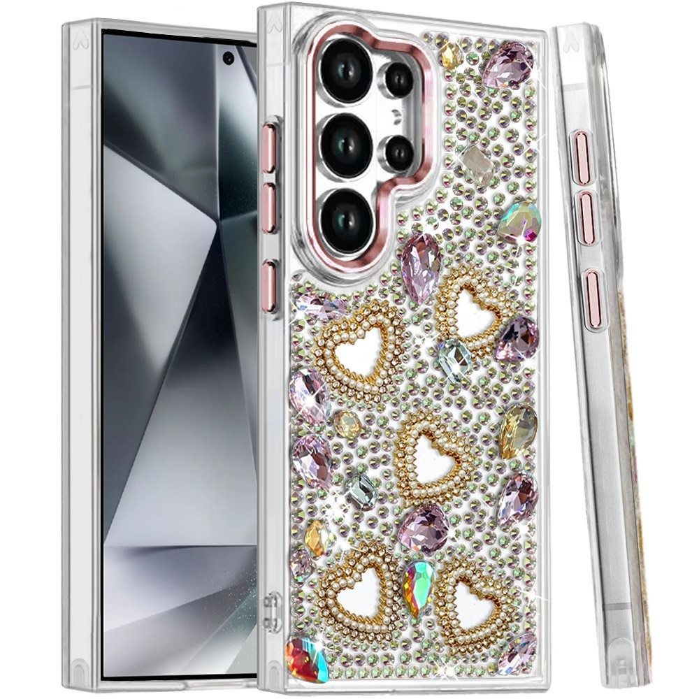 Phone Case for Samsung Galaxy S24 Ultra Luxury Crystal Heart Rhinestone Diamond Bling Shockproof Hybrid Glitter Protective Stylish Durable Grip Cover