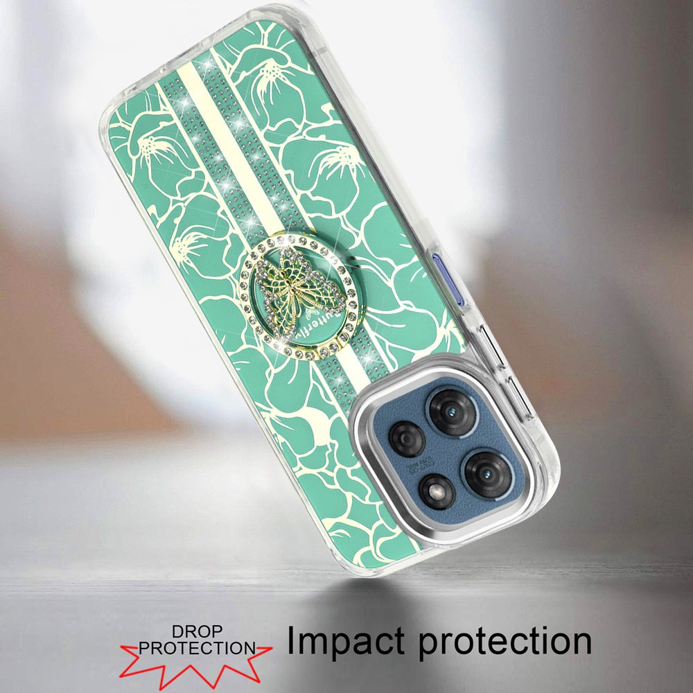 For Motorola Moto G Play 5G 2026 Diamonds 3D Butterfly Floral Design Bling Sparkly Glitter Hybrid Metal Fashion with Ring Stand Case Cover