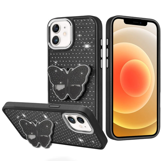 For Apple iPhone 14 /13 Butterfly Moveable Grip 3D Pop Stand Full Diamond Bling Sparkling TPU Fashion Hybrid Case Cover