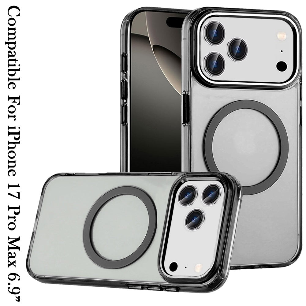 For Apple iPhone 17 Pro Max (6.9") Transparent Back Hybrid Case - Magnetic Circle, Color Frame, Metal Buttons, MagSafe Compatible Case Cover