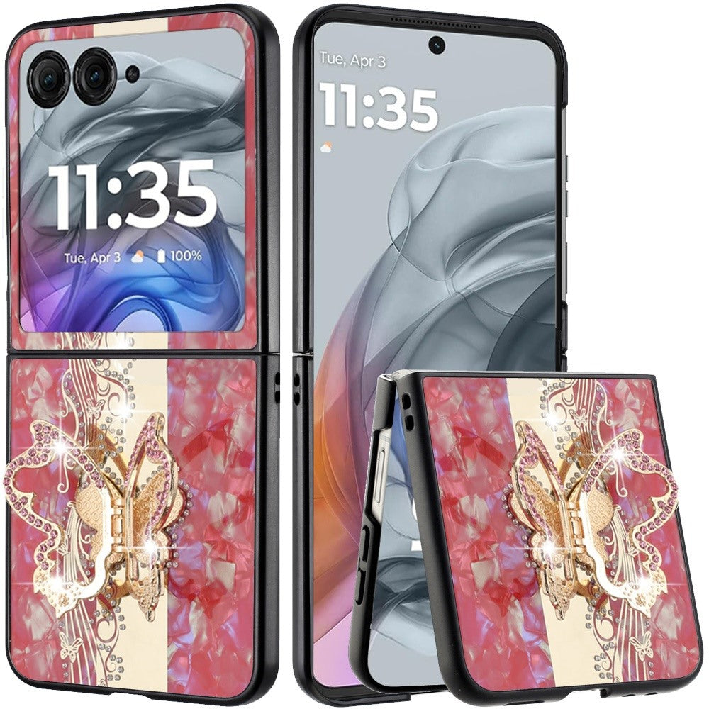 For Motorola Razr 2025 /2024 Diamonds 3D Butterfly Bling Sparkly Glitter Ornaments Engraving Hybrid with Stand Fashion Case Cover Enchanted Butterfly Red