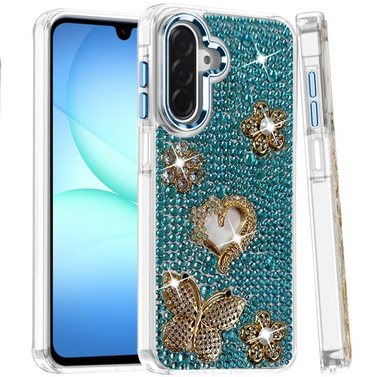 Phone Case for Galaxy A17 5G Luxury Crystal Butterfly Floral Jeweled Heart Full Diamond Design, Sparkling Decorative Details, Elegant Style Cover Blue