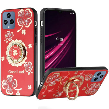 For Apple iPhone SE 4 Diamonds 3D Fashion Floral Bling Sparkly Glitter Ornaments Engraving Hybrid with Ring Stand Case Cover Red Good Luck Floral