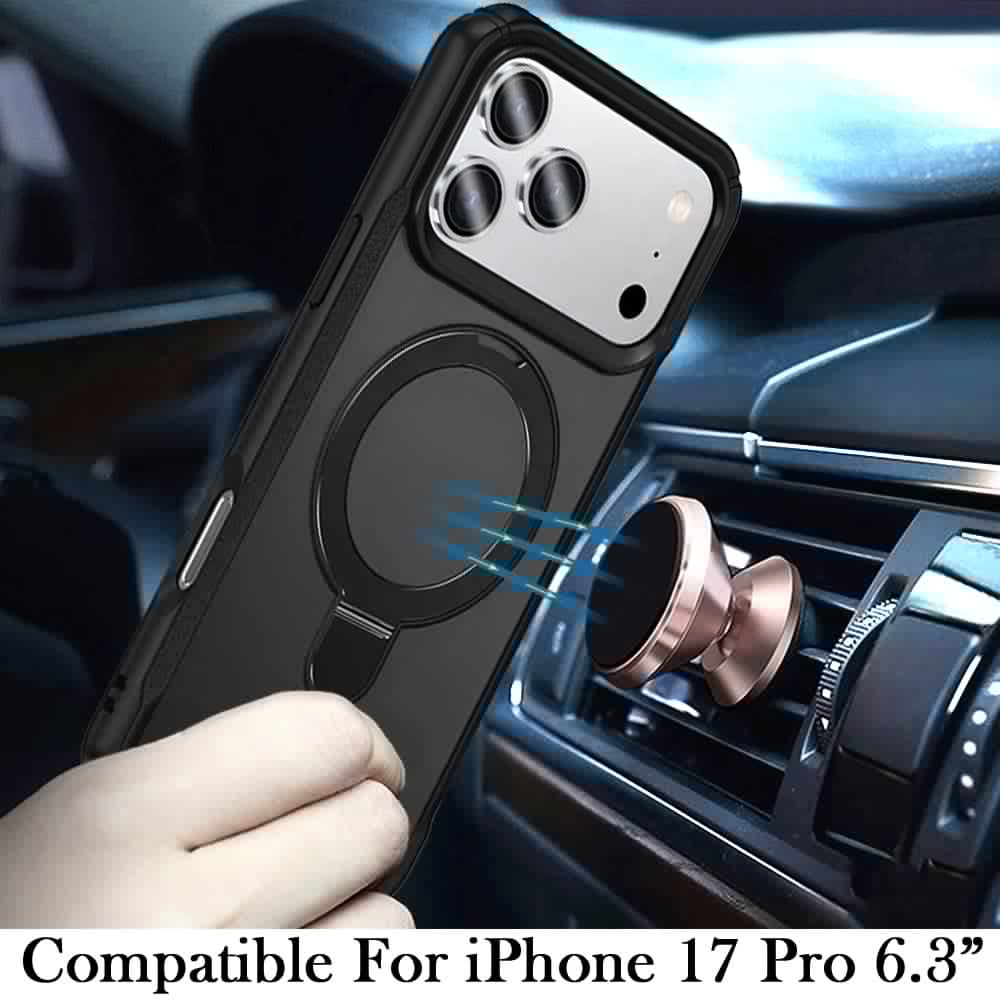 For Apple iPhone 17 Pro (6.3") Matte Finish Magnetic Ring Hybrid Protective Invisible Kickstand Magsafe Compatible Case Cover Black
