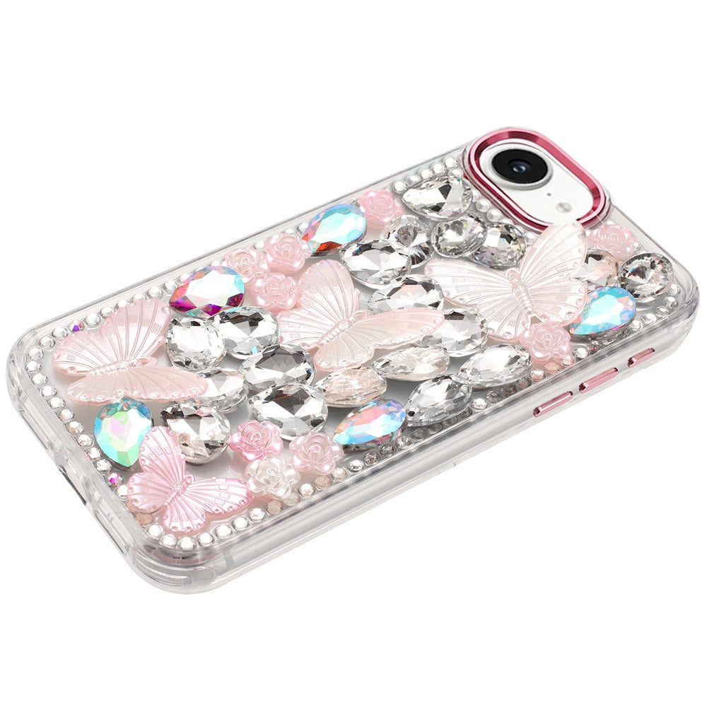 For Apple iPhone 17E /16E 3D Diamond Floral Butterfly Bling Stone Hybrid, Sparkly Rhinestone Gemstone Back Shockproof Case Cover