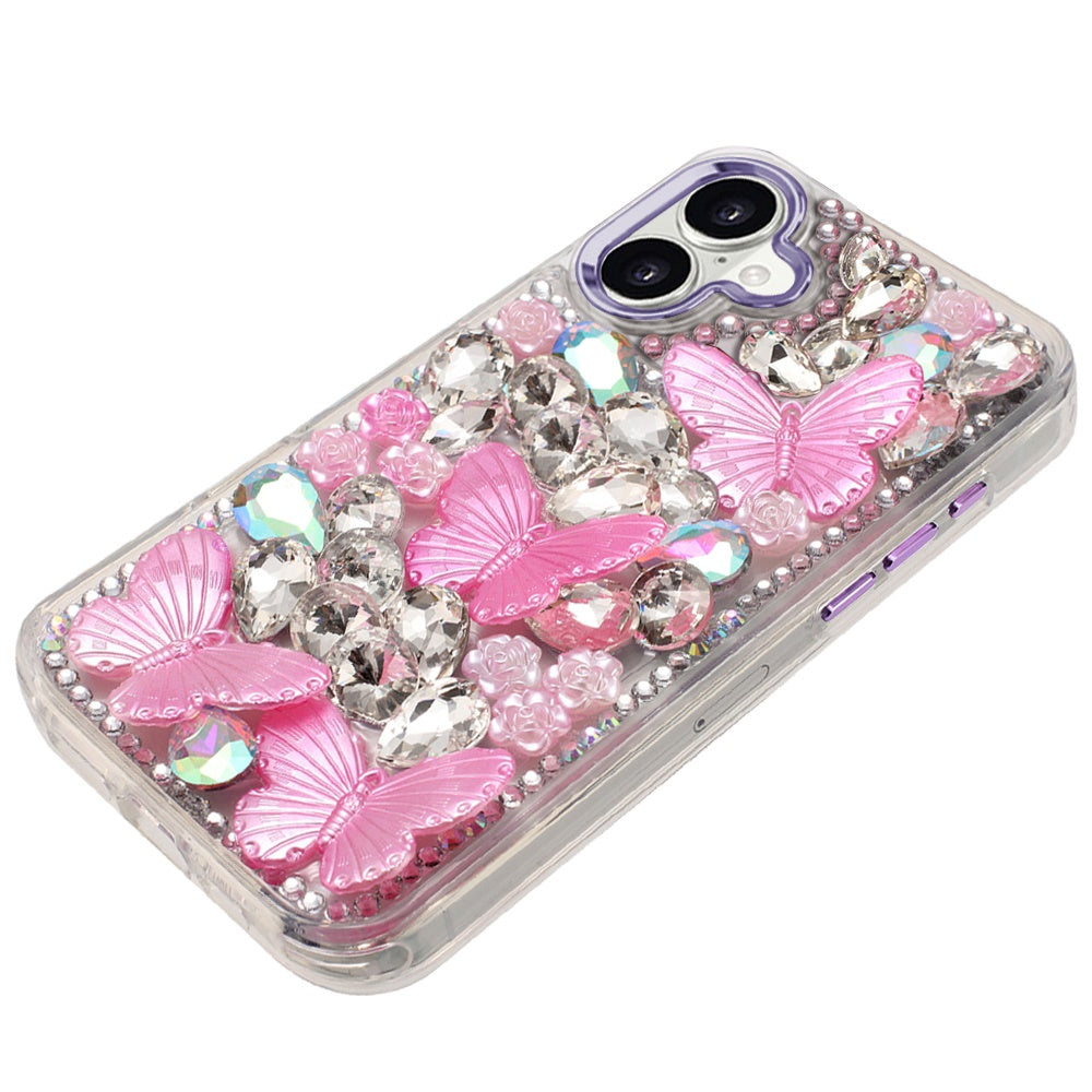 Phone Case for Apple iPhone 17 Luxury 3D Floral Butterfly Bling Rhinestone Glitter Shockproof Stylish Protective Hybrid Designer Metallic Cover Purple