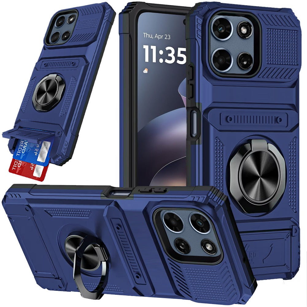 Phone Case for Motorola Moto G Play 5G 2026 Multi Functional Card Slot Shockproof Metal Ring Hybrid Wallet Rugged Protective Grip Heavy Duty Durable Cover Blue