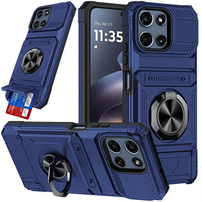 Phone Case for Motorola Moto G 5G 2026 / 2025 Multi Functional Card Slot Shockproof Metal Ring Hybrid Wallet Rugged Protective Grip Heavy Duty Durable Cover Blue