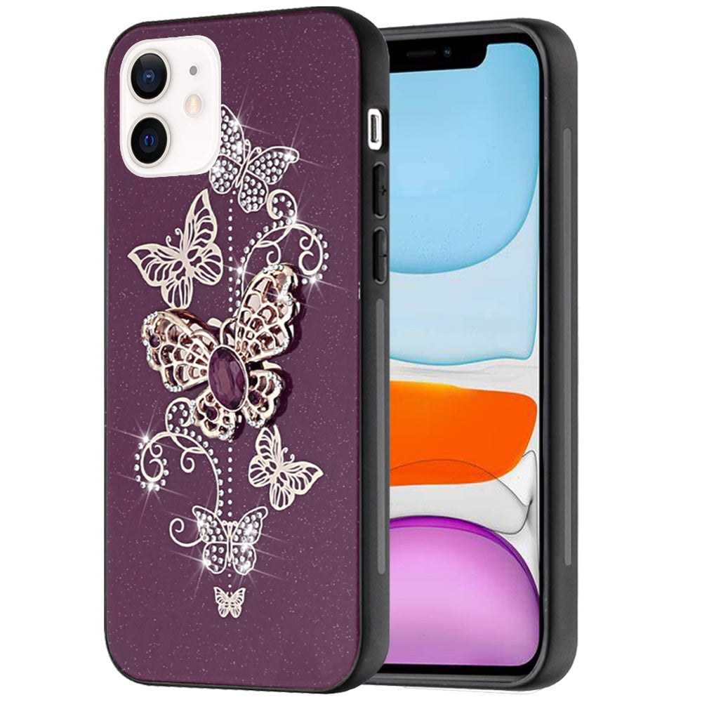 Phone Case for Apple iPhone 11 Diamond Glitter 3D Butterfly Engraved Luxury Bling Hybrid Shockproof Chrome Edge Protective Durable Grip Cover Purple