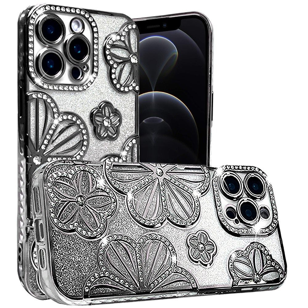 For Apple iPhone 17E /16E Luxury Flower Design Sparkle Glitter Diamond Rhinestone Shimmer Bling Plating Thick TPU Hard PC Case Cover