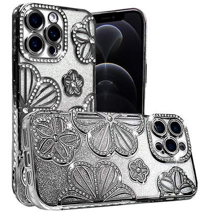For Apple iPhone 17E /16E Luxury Flower Design Sparkle Glitter Diamond Rhinestone Shimmer Bling Plating Thick TPU Hard PC Case Cover