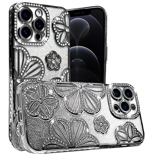 Phone Case for Apple iPhone 12 Pro Max Shimmer Glitter Floral Thick TPU Shockproof Durable Grip Camera Protection Anti-Scratch Stylish Design Cover Black