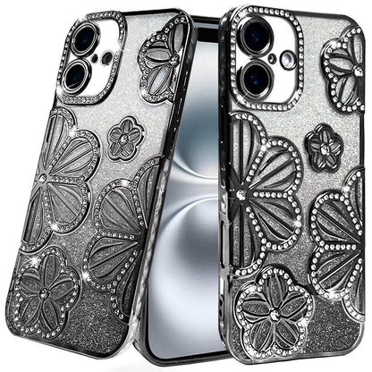 For iPhone 16 (6.1") Luxury Flower Design Sparkle Glitter Diamond Rhinestone Shimmer Bling Plating Thick TPU Hard PC Case Cover