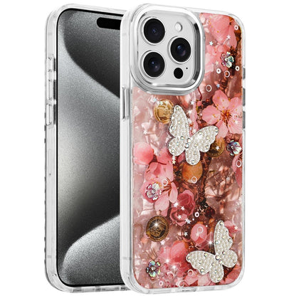 For Apple iPhone 16 Pro Max Epoxy Glitter Flowers Bling 3D Butterfly Fashion TPU Hybrid with Shockproof Protection Case Cover
