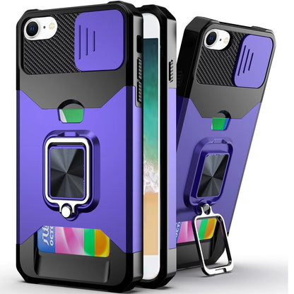 For Apple iPhone 16e Wallet Case with Ring Stand & Slide Camera Cover Back Credit Card Slot Holder, Military Grade Case Cover Purple