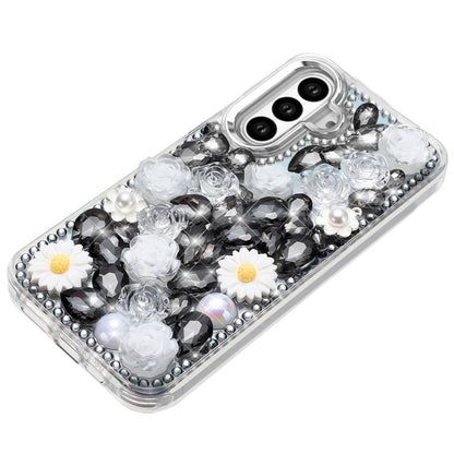 For Samsung Galaxy S25 /S24 Fashion Daisy Floral Series, Full 3D Bling Crystal Diamonds Sparkling Rhinestone Glitter Hybrid Design Case Cover