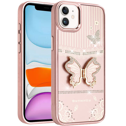 Phone Case for Apple iPhone 11 Glitter Bling Butterfly Stand Metallic Edge Hybrid Shockproof Grip Durable Camera Protection Stylish Design Cover Gold