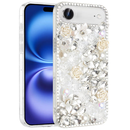 For Apple iPhone 17 Air (6.6") Fashion Rose Flower Floral Bling Crystal 3D Full Diamonds Pearl Sparkle Rhinestone Glitter Hybrid Case Cover