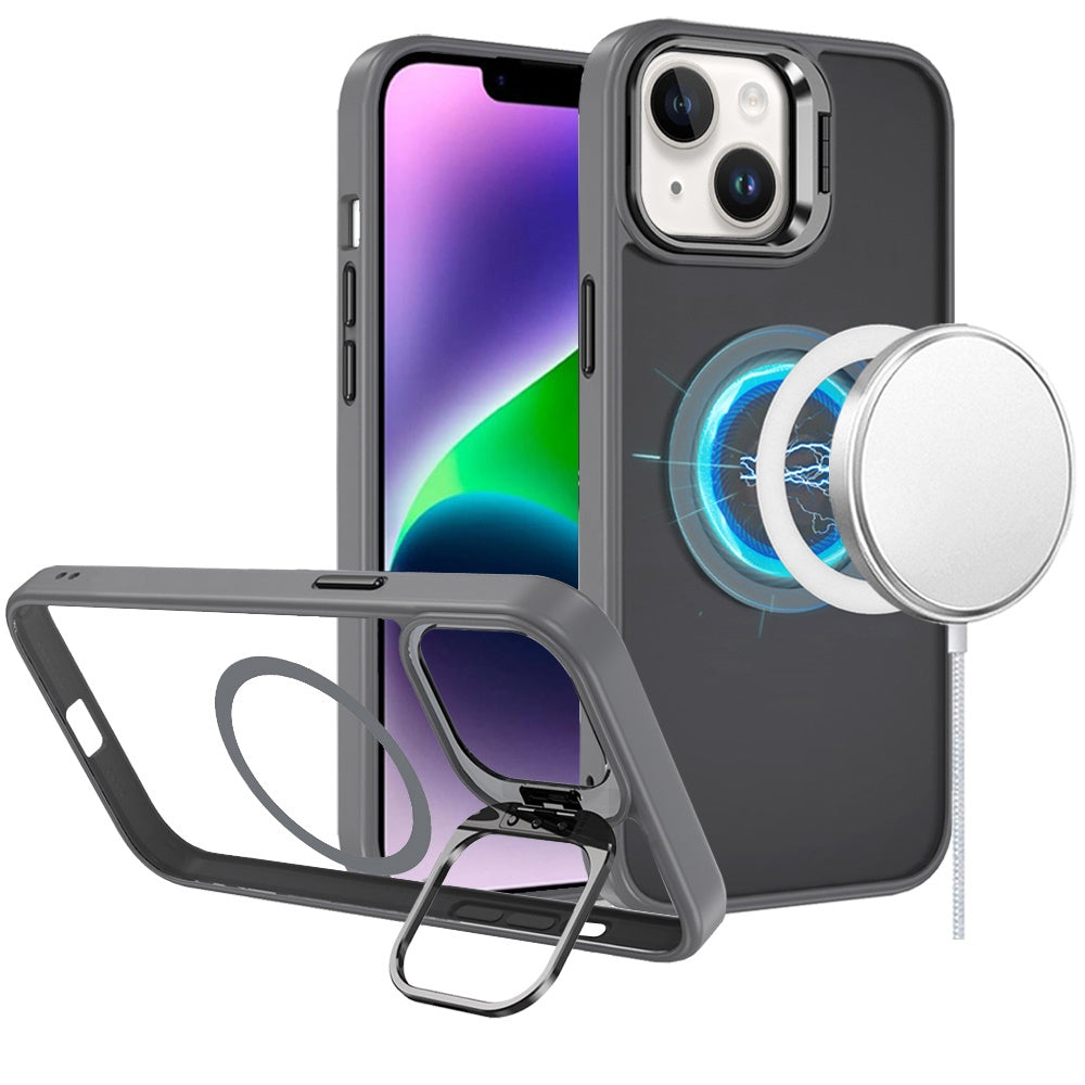 For Apple iPhone 15 Heavy Duty Metallic Hybrid Tough TPU with Camera Ring Stand, MagSafe Compatible, Rugged Drop Protection Case Cover