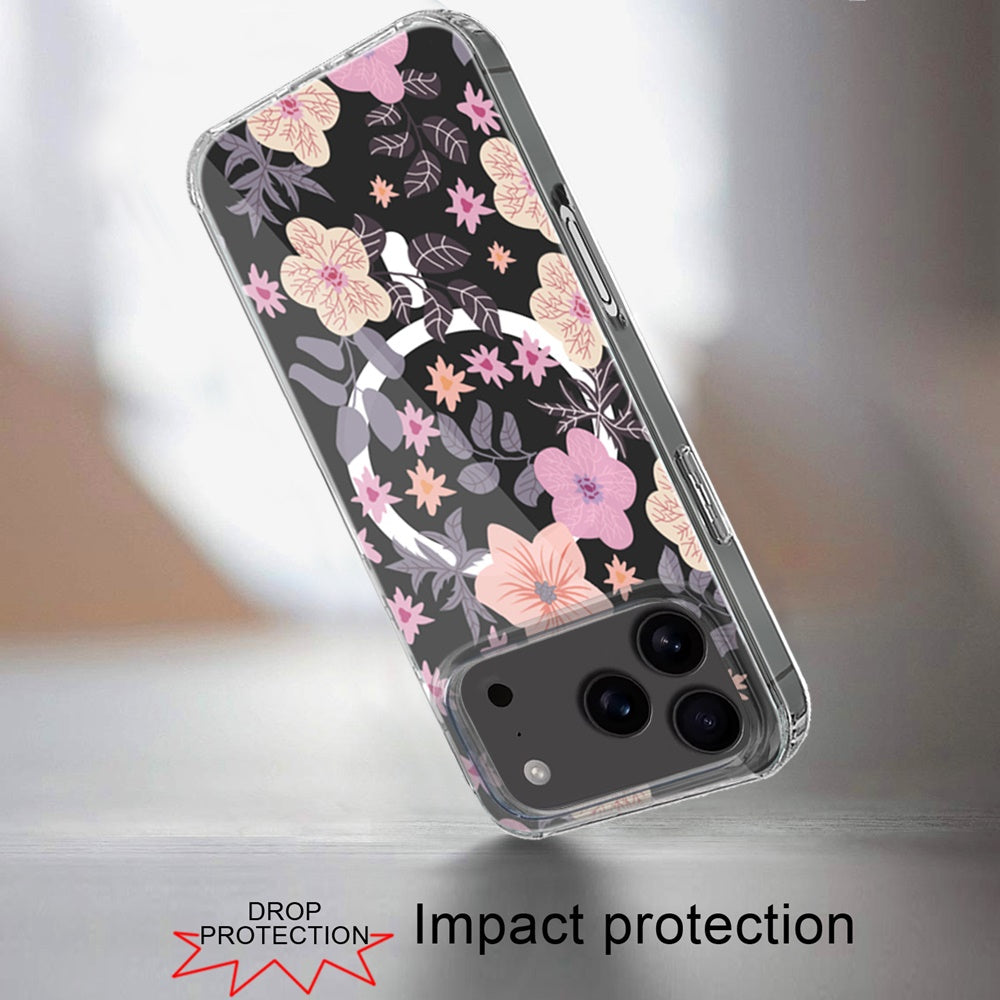 For Apple iPhone 17 Pro Max Hybrid Flower Design Stylish Fashion Case, MagSafe Compatible, Thick Shockproof Hard PC Case Cover