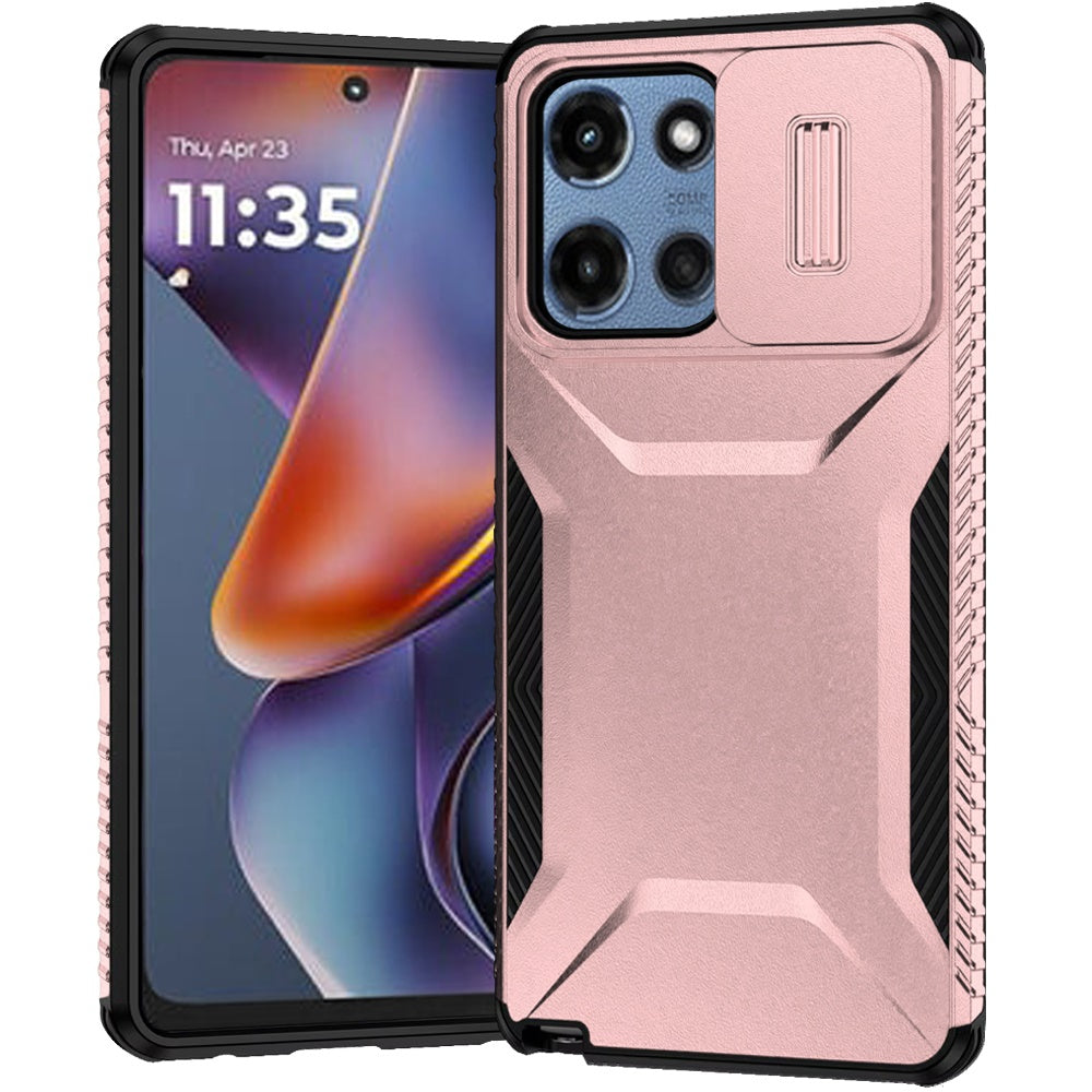 For Motorola Moto G 5G 2025 Slim Fit Shockproof Hybrid with Slide Camera Window Covering, Rugged Tpu Silicone Hard PC Bumper Case Cover Rose gold