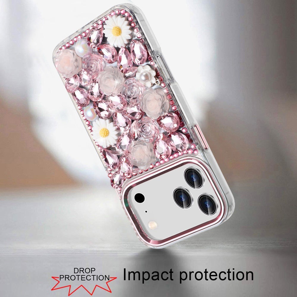 Phone Case for Apple iPhone 17 Pro Max Full Bling Rhinestone Glitter Floral Luxury Hybrid Shockproof Stylish Sparkling Protective Designer Ornament Cover Pink
