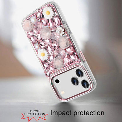 Phone Case for Apple iPhone 17 Pro Max Full Bling Rhinestone Glitter Floral Luxury Hybrid Shockproof Stylish Sparkling Protective Designer Ornament Cover Pink