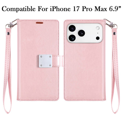 For Apple iPhone 17 Pro Max (6.9") Wallet Cases PU Leather with Credit Card /ID /Cash Holder Slot Dual Flip Book Pouch, Stand and Strap Case Cover