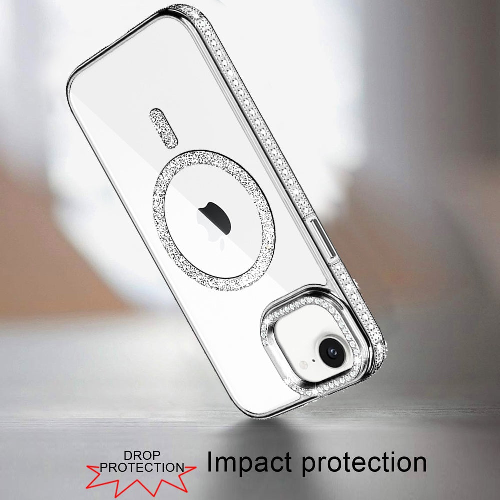 Phone Case for Apple iPhone 17E /16E /SE4 Luxury Diamond Bling Edged Magnetic Glitter Shockproof Hybrid with Camera Kickstand Durable Grip Cover Silver