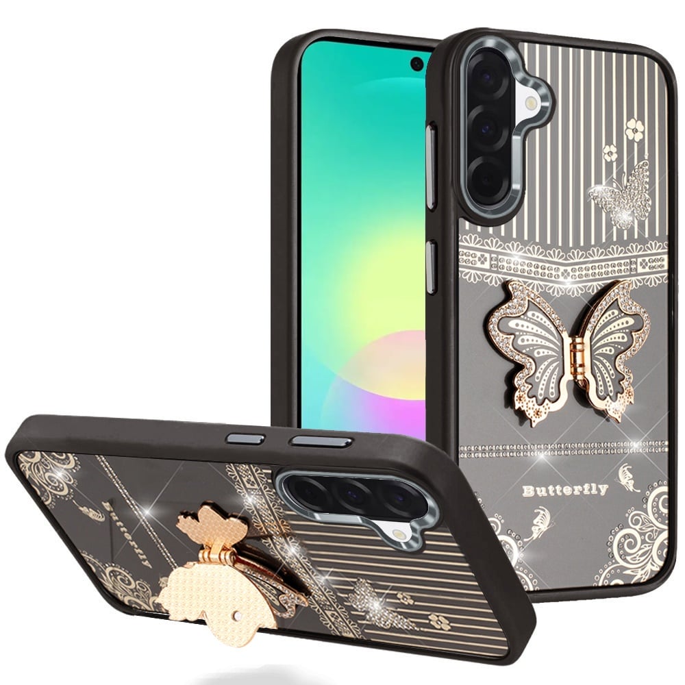 Phone Case for Samsung Galaxy A27 Glitter Bling Butterfly Stand Metallic Edge Hybrid Shockproof Grip Durable Camera Protection Stylish Design Cover