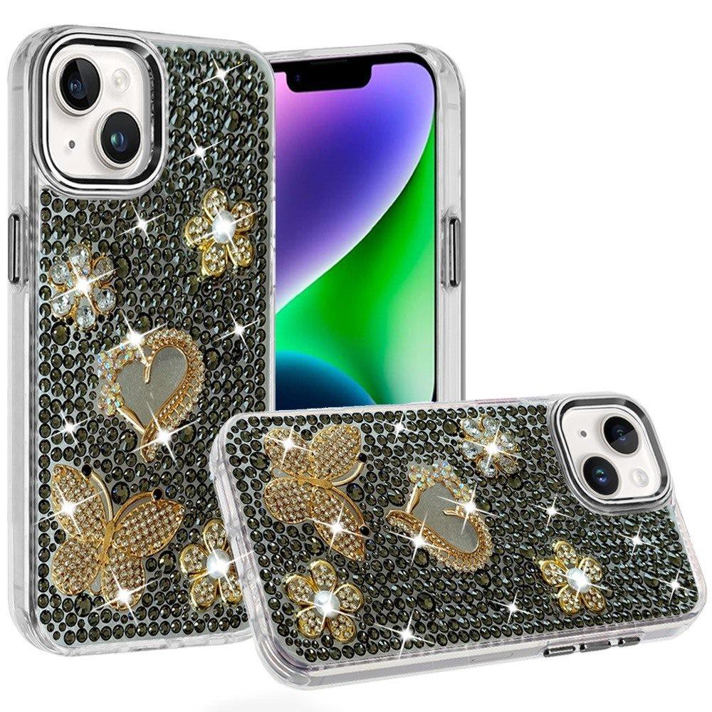 Phone Case for Apple iPhone 14/ iPhone 13 Luxury Crystal Butterfly Floral Jeweled Heart Full Diamond Design, Sparkling Decorative Details, Elegant Style Cover Black