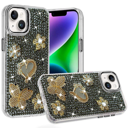 Phone Case for Apple iPhone 14/ iPhone 13 Luxury Crystal Butterfly Floral Jeweled Heart Full Diamond Design, Sparkling Decorative Details, Elegant Style Cover Black