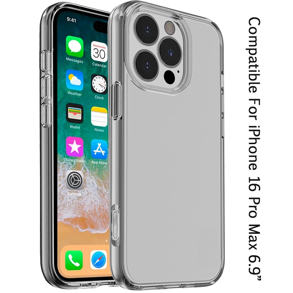 For iPhone 16 Pro Max (6.9") Transparent Shock Absorption PC + TPU Rubber Gel Thick 3mm Hybrid Silicone Slim Fit Back Case Cover
