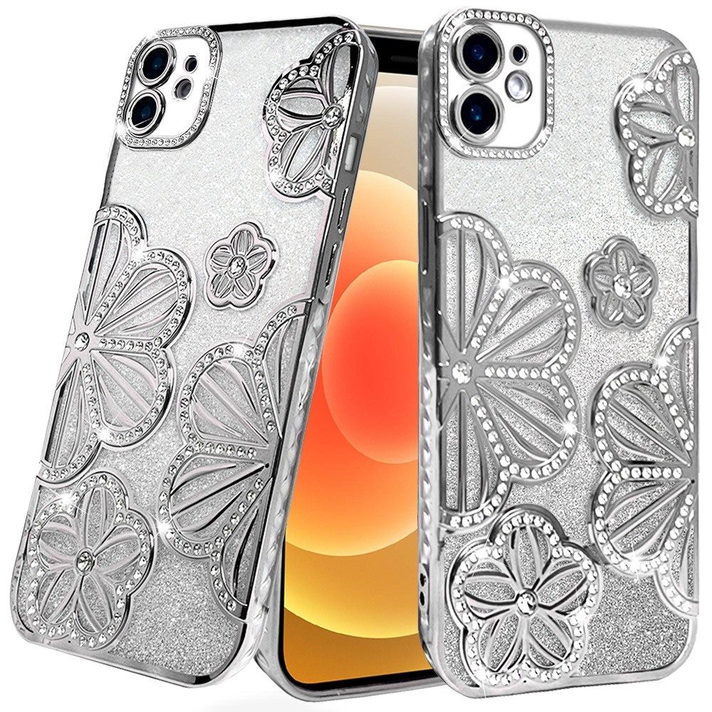 For Apple iPhone 13 Pro Max Luxury Floral Design Sparkle Glitter Diamond Crystal Rhinestone Shimmer Bling Plating Thick TPU Hard PC Case Cover