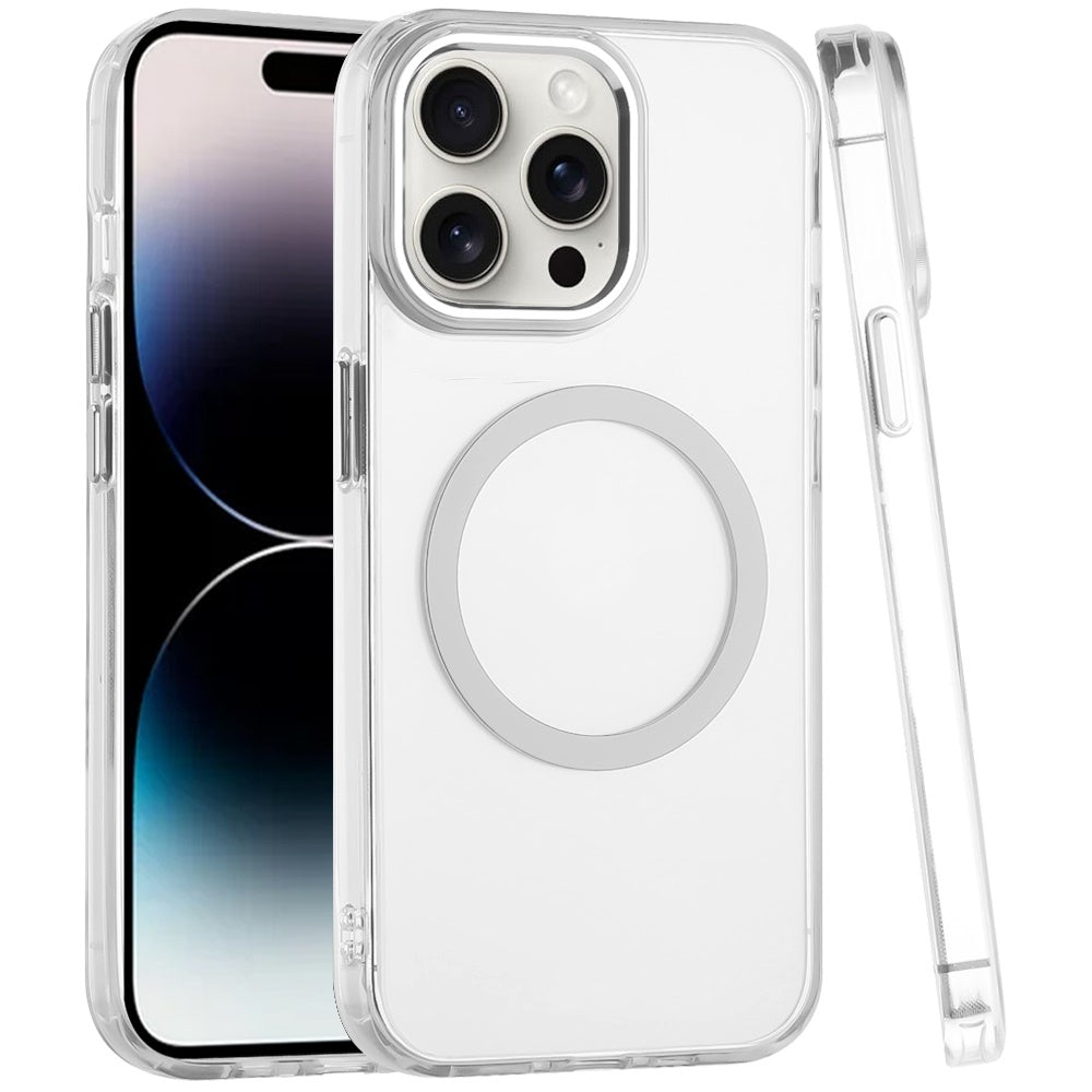 For iPhone 14 Pro Max (6.7") Transparent Back Hybrid Case - Magnetic Circle, Color Frame, Metal Buttons, MagSafe Compatible Case Cover