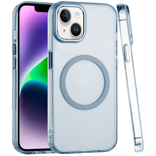 Phone Case for Apple iPhone 14/13 Magnetic Clear Acrylic Metal Button Camera Guard Shockproof Transparent Slim Grip Premium Hybrid Cover Light Blue