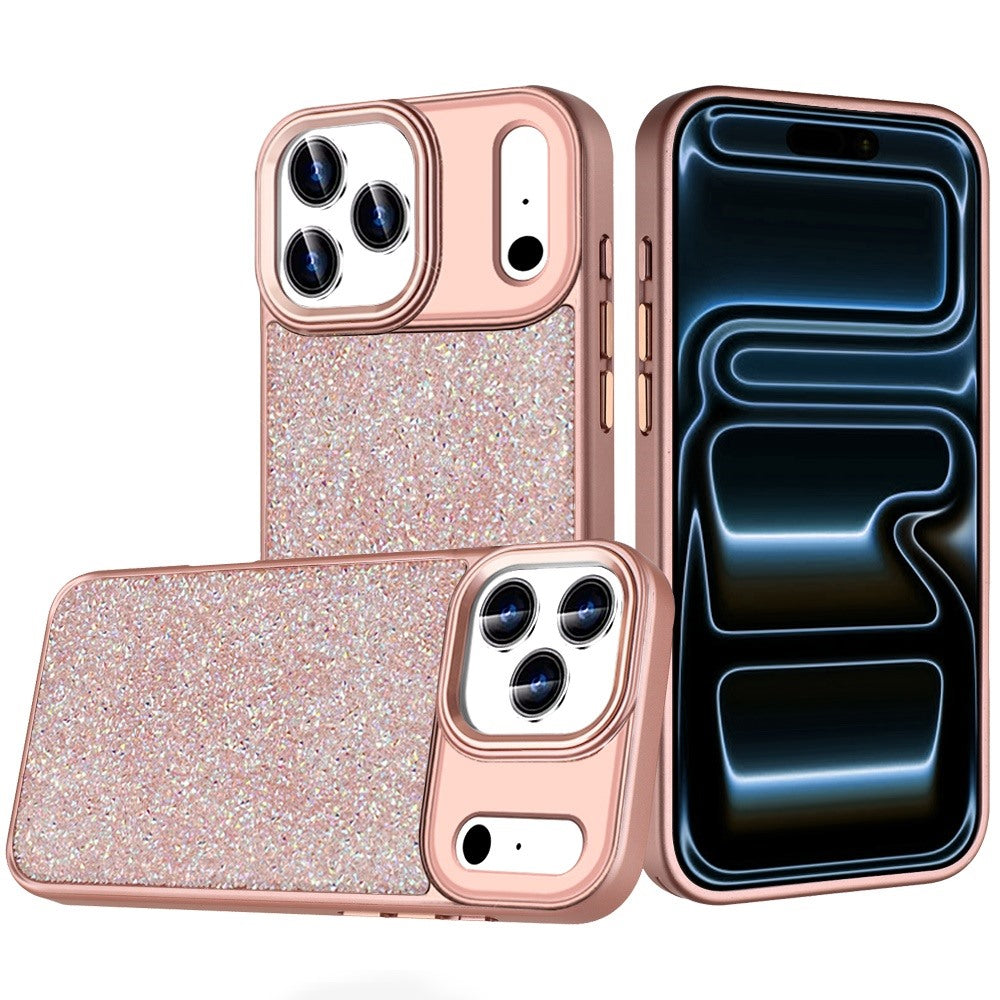 For Apple iPhone 17 Pro (6.3") Crystal Sparkle Diamond Glass Full Mini Glitter Bling Frame TPU Hybrid Protective Case Cover