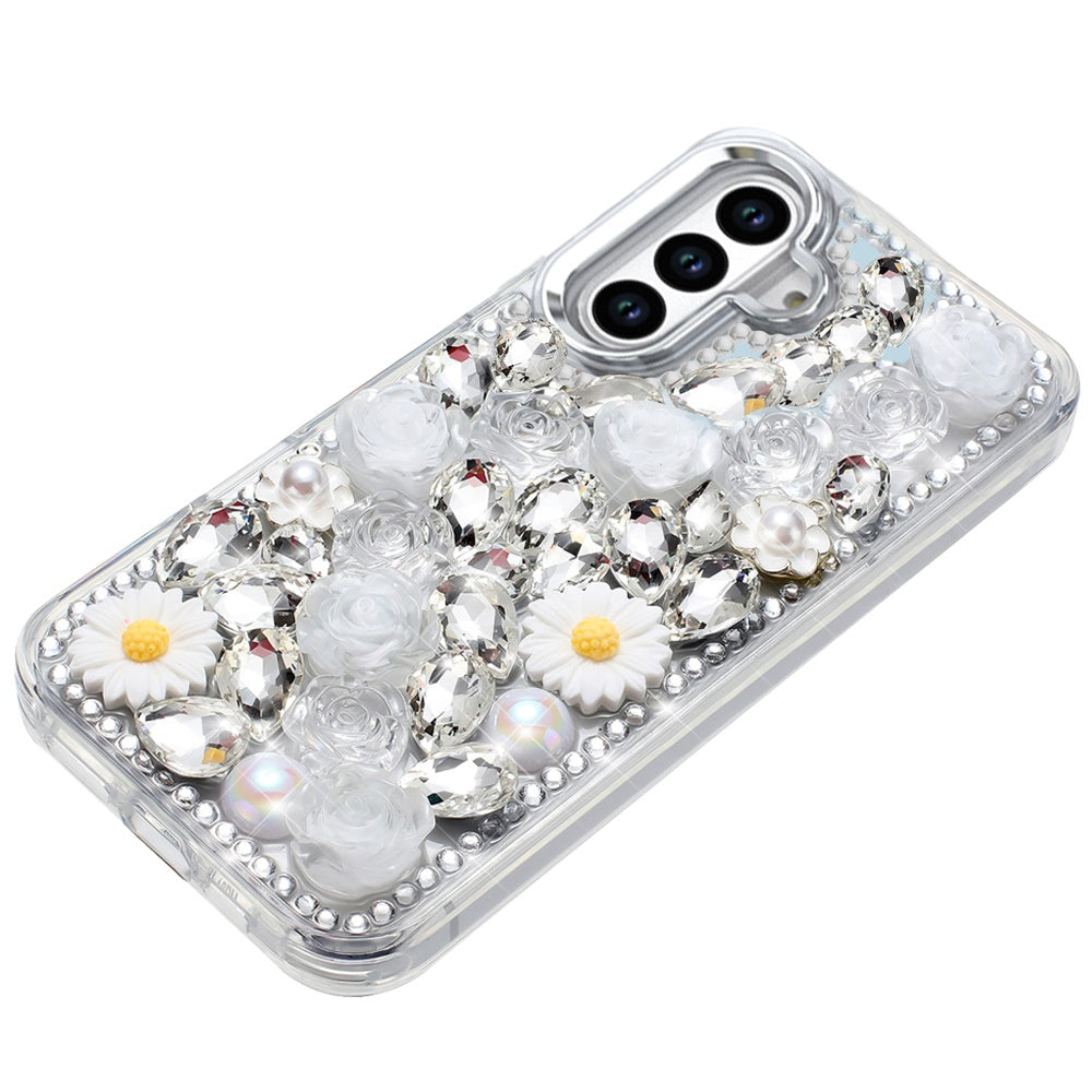 For Samsung Galaxy S25 Plus /S25+ /S24/Plus Fashion Daisy Floral Series, Full 3D Bling Crystal Diamonds Sparkling Rhinestone Glitter Hybrid Design Case Cover