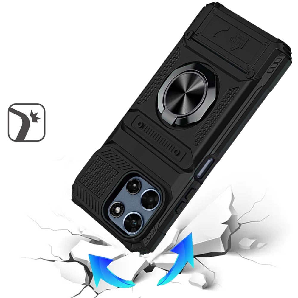 For Motorola Moto G 5G 2026/2025 2X Card Slot Metal Ring Stand Hybrid Shockproof Heavy Duty Drop Protection Multi Functional Design Case Cover Black